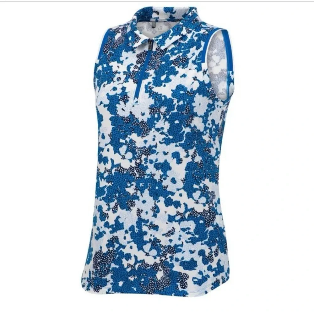 NWOT UNDER ARMOUR TopGolf Blue and White Sleeveless zip Top, size SM